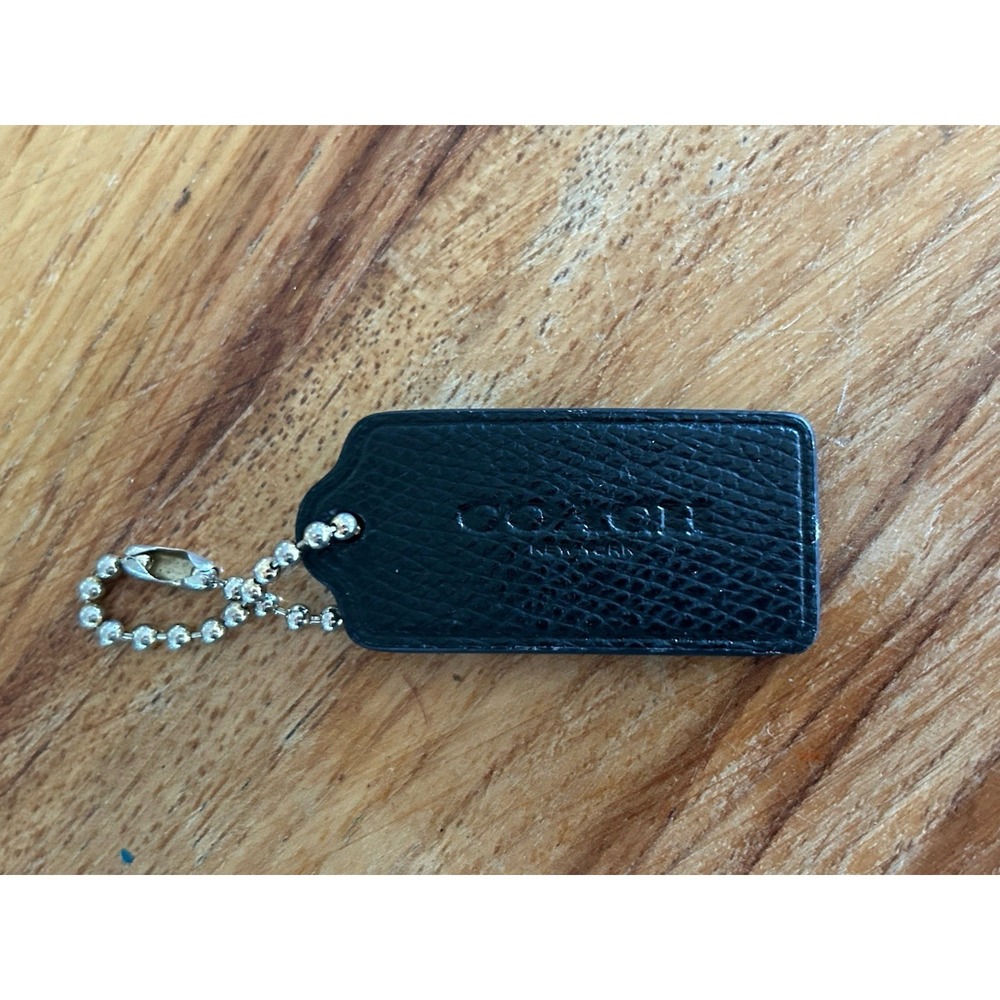 2.25" COACH NEW YORK BLACK PEBBLED LEATHER FOB BAG CHARM KEYCHAIN HANGTAG SILVER